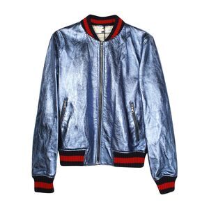 Gucci Crackle Bomber Jacket in Blue Leather
